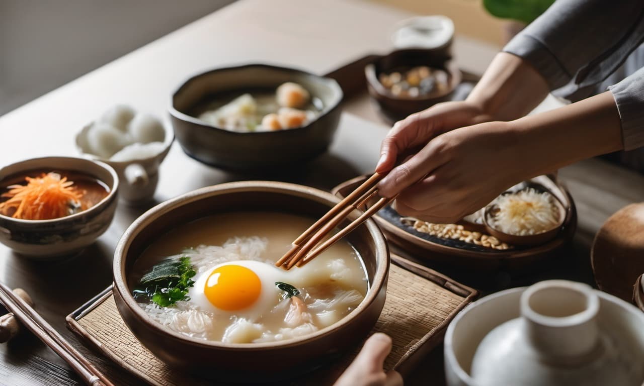 나무 식탁 위 죽과 반찬을 젓가락으로 챙기는 손